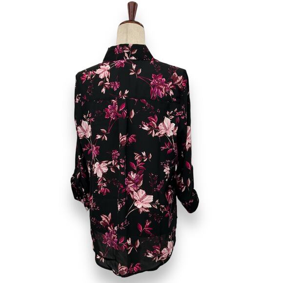 NEW BCX Black Floral Blouse Large Collared Satin Top Dark Flower Office Work - Picture 10 of 14